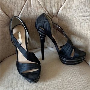 Black satin open toe high heel